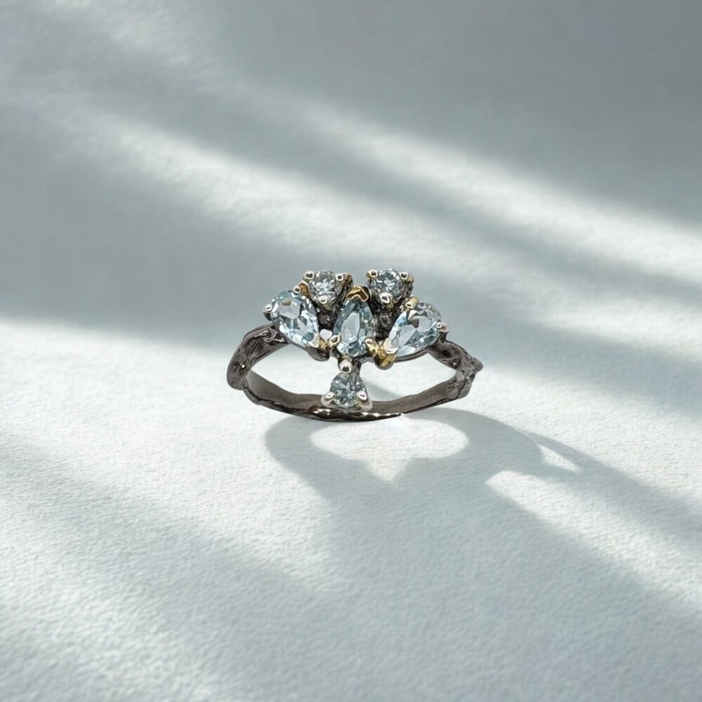 Sold* Blue Topaz Ring Natural 925 Silver Cluster Statement Ring Size 7.5 Sizable
